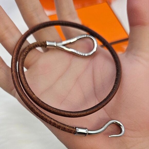 Hermès Brown Leather Silver-Tone Hook Bracelet - Picture 7 of 14